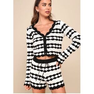 Lulus Crochet 2 Piece Set Black White Scalloped Stripe Cardigan SM Shorts XS